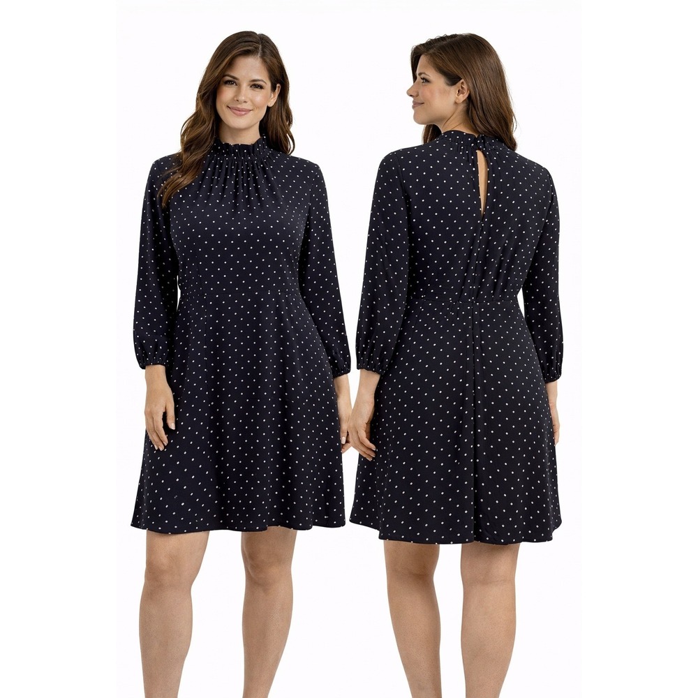 H&M Mini Dress Blue White Polka Dot Mock Neck Long Sleeve Size 8 New Keyhole New